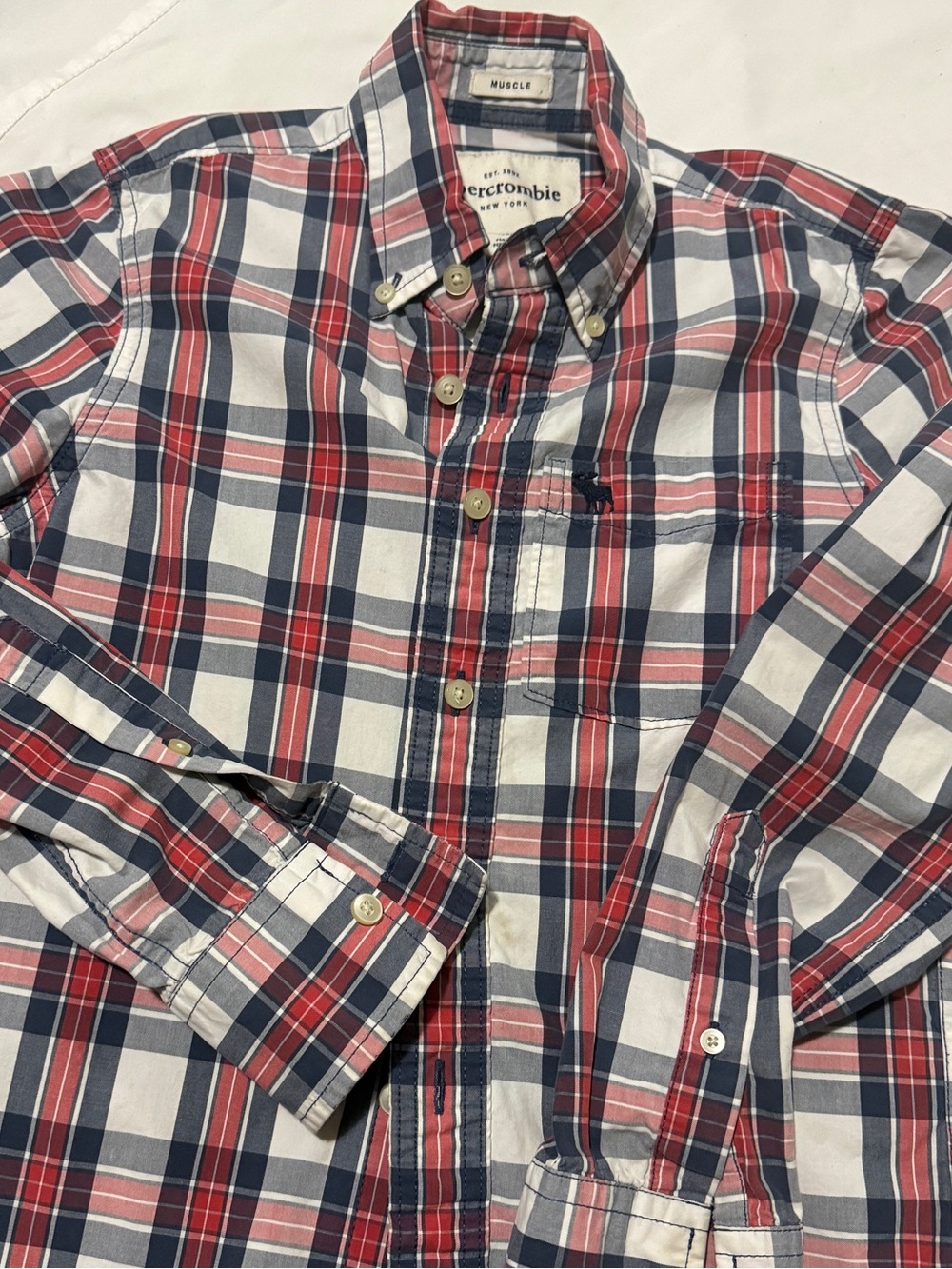 Abercrombie & Fitch Red, Navy and White Plaid Button-Down Shirt